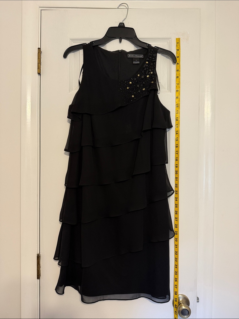 Jessica Howard Black One-Shoulder Tiered Dress with Beaded Accent